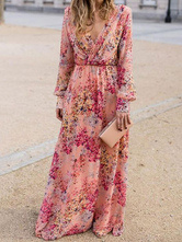 Long Sleeve Floral Casual Dress OEM Polyester V Neck Maxi Dresses