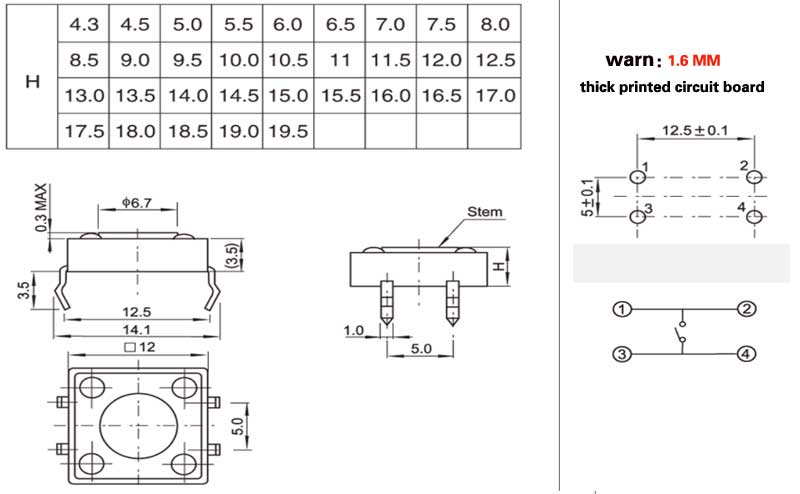 microswitch 12*12*12 mm 4 pin tactile switches with momentary reset unlocking button device 1