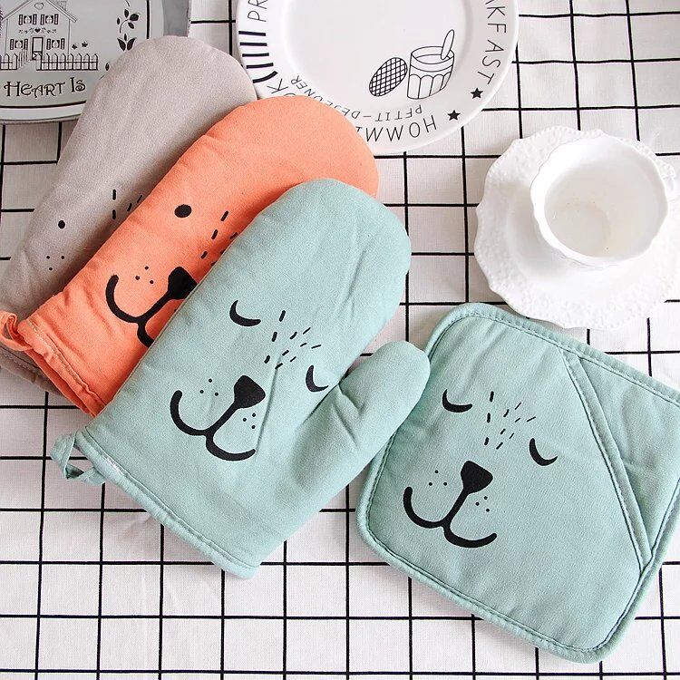 Ribbed Kitchen Oven Glove Printed Cotton Oven Mitts 25*15cm