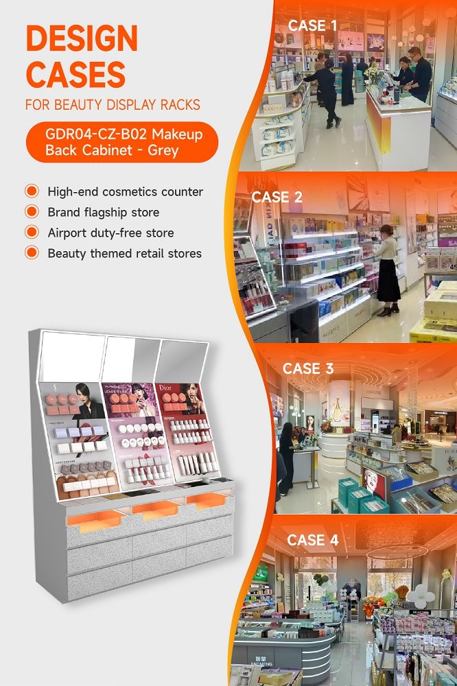 GDR04-CZ-B02 Makeup Display Rack with Grey Melamine Board and LED Strip Lights for Cosmetic Retail Stores