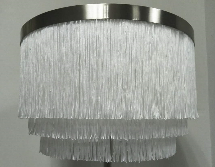 White 3 Layer Tassel Fringe Lampshade With Chrome Trim Large Drum Design