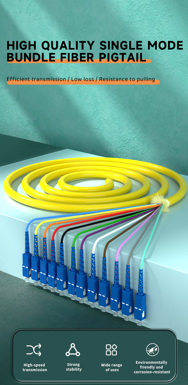 Wavelength 850nm/1310nm/1550nm 12Color-Coded Bunch Ribbon Type SC Fiber Optic Pigtails