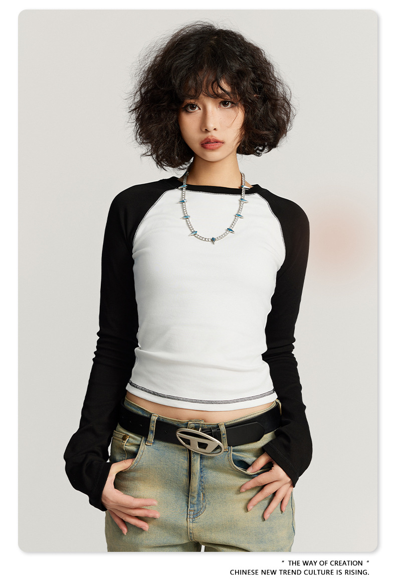 5xl 4xl 3xl 100 Cotton Long Sleeve T Shirts O-Neck Collar Women'S Y2k Vintage Contrast Raglan White