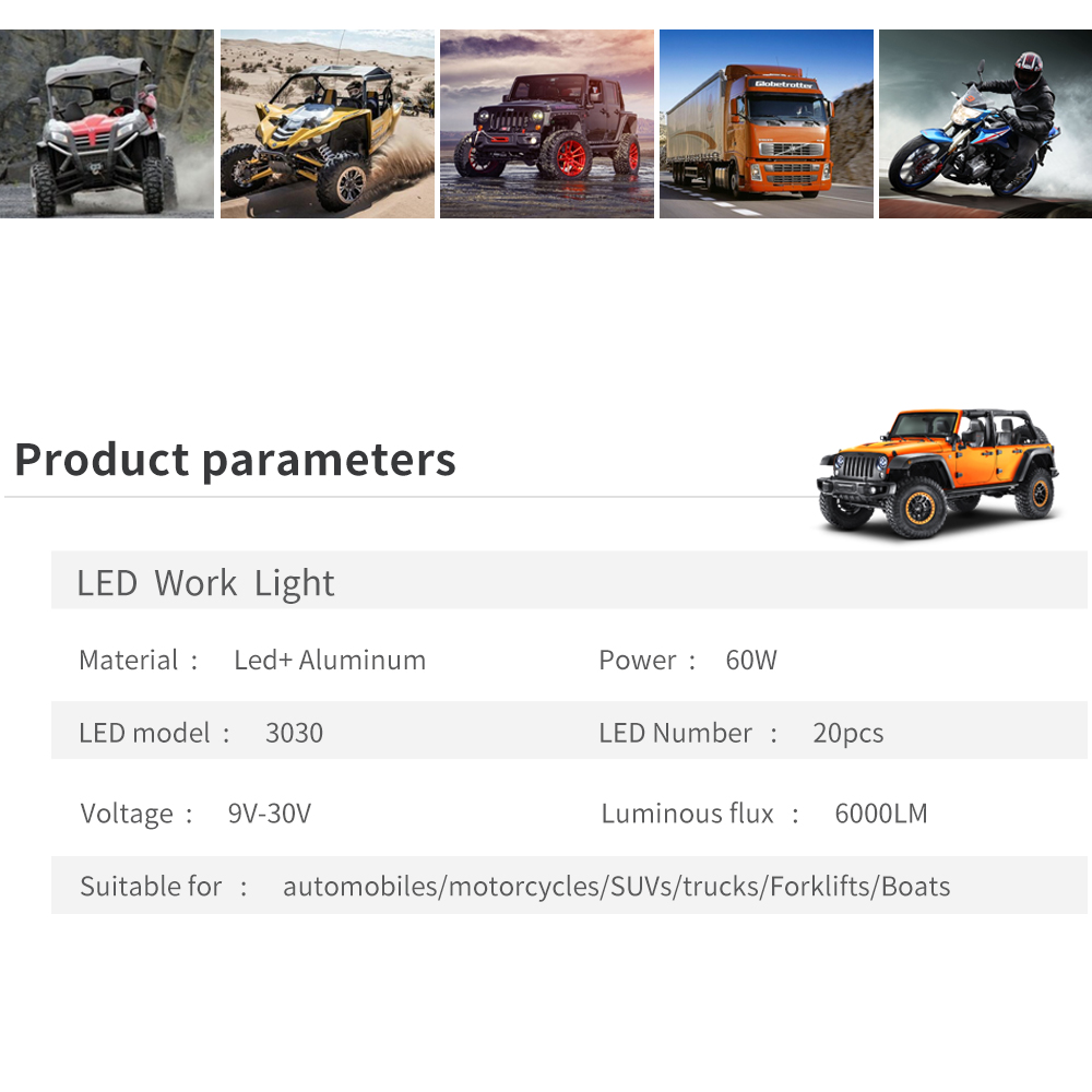 60W 20LED Truck LED Work Light 6000K LED Light Bar 4 Inch DC 12V-24V