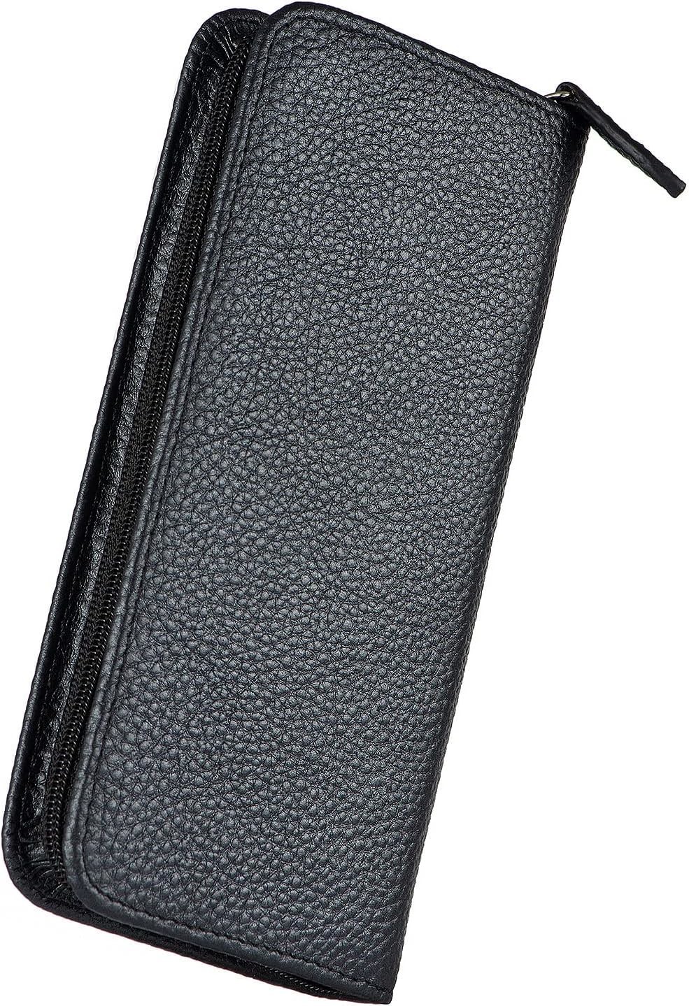 Genuine Leather Fountain Pen Case 3 Divided Slots Black Color, Zippered Pen Case Pouch