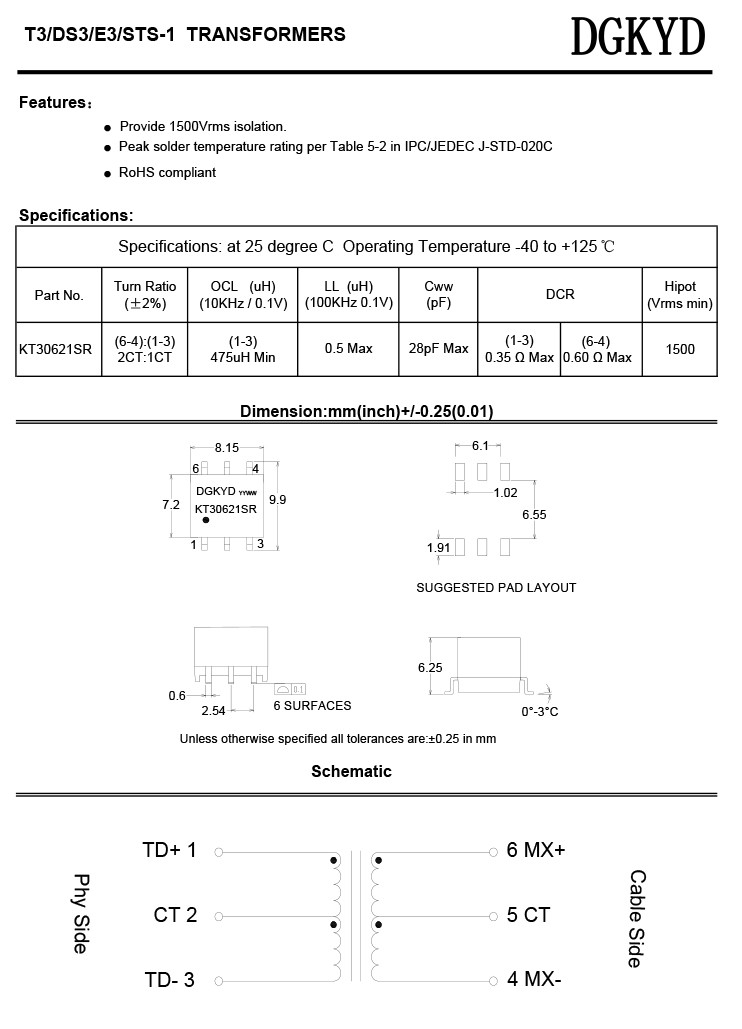 KT30621SR 100BASE-TX Ethernet Transformer Fast Ethernet Filter 6PIN