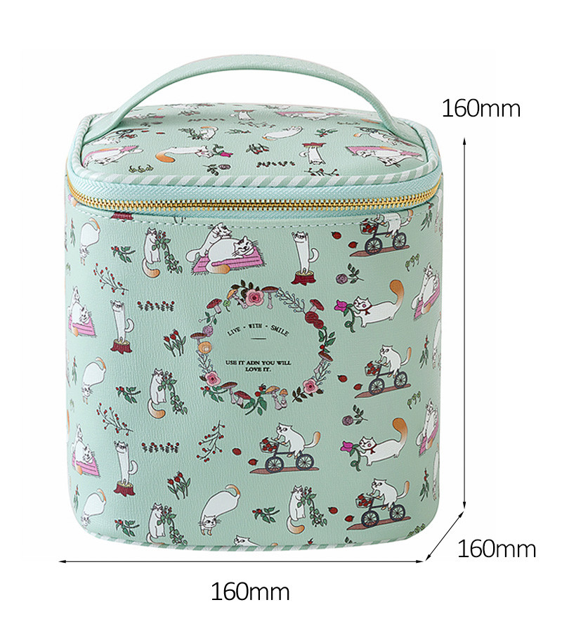 Barrel Shape Professional Travel Cartoon Printed PU Leather Cosmetic Bag