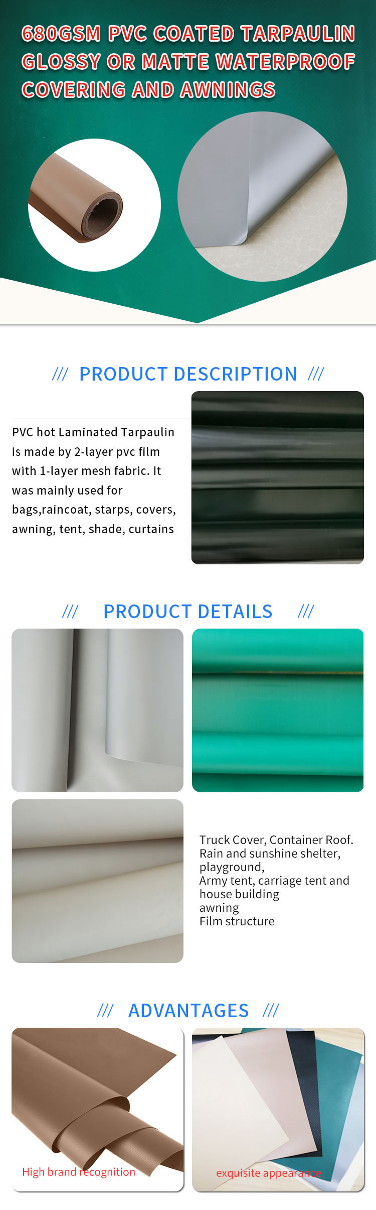 680g 20oz Heavy Duty PVC Coated Tarpaulin UV Resistant
