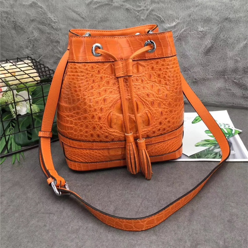 Authentic Crocodile Skin Drawstring Closure Women's Bucket Purse Exotic Alligator Leather Lady Small Tassel Shoulder Bag