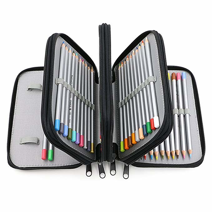 Portable Oxford Zipper Pencil Bag 72 Slots Colored Pencil Case Organizer Black