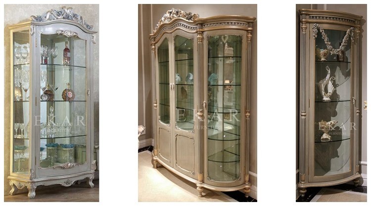 Glass Cupboard In Wooden Frame Ivory Lacquer Antique Style Glass Cabinet FJ-188