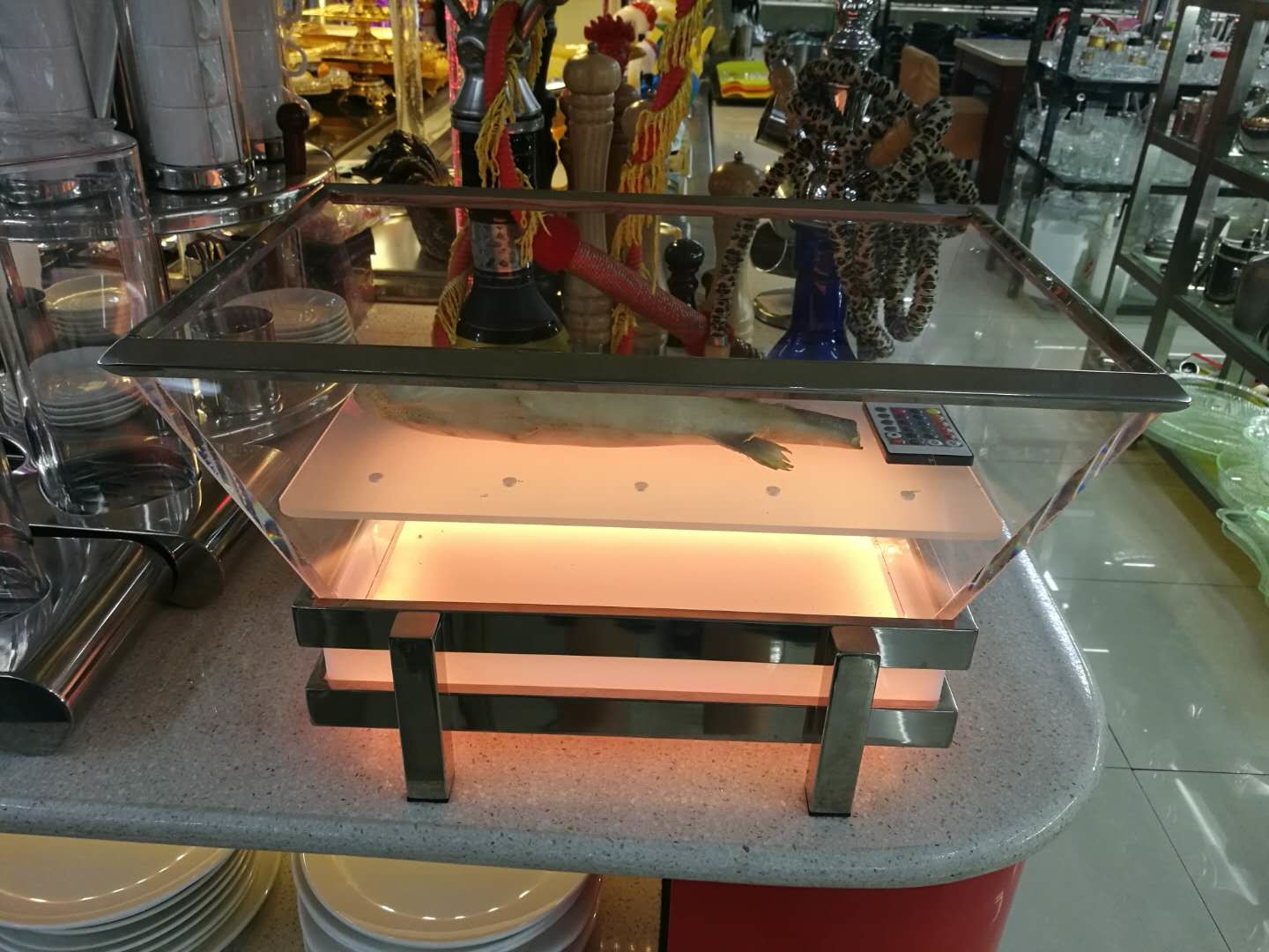 RGB LED Ice Tray with Draining Plate, Transparent Acrylic Seafood Salmon Buffet Display Station
