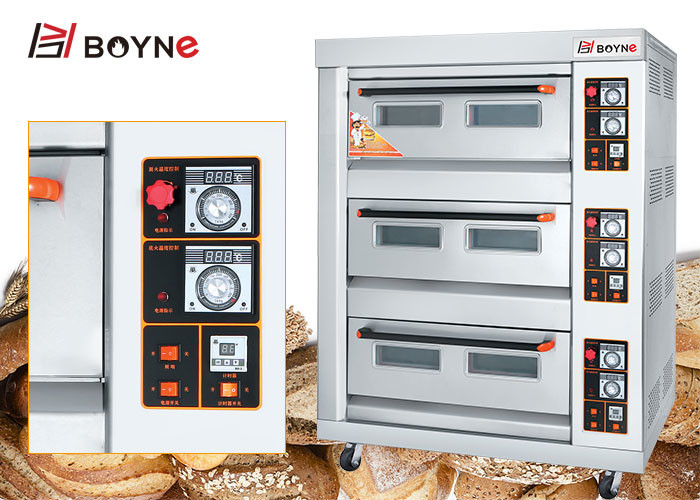 Three deck Six Trays Gas Oven Bakery Pizza Oven With Stone For Restaurant