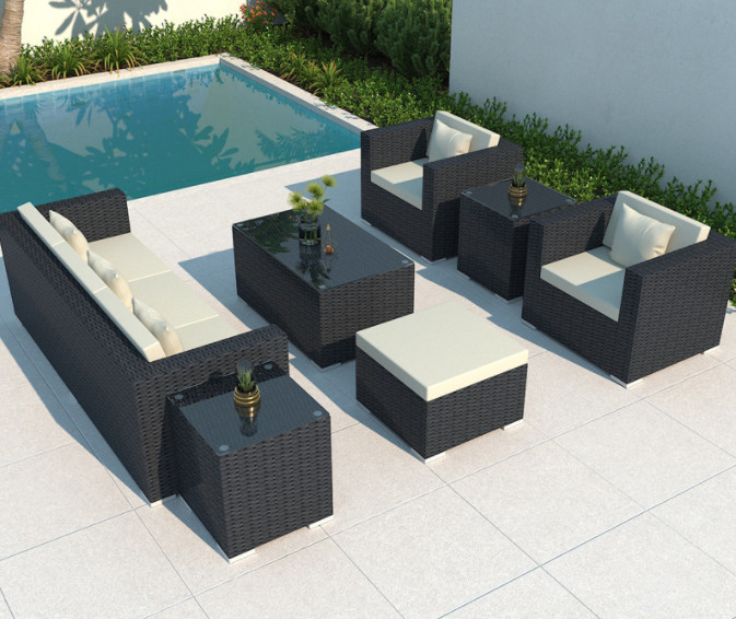 Luxury Modern Patio Garden Furniture Black Rattan Outdoor Sofa Coffee Table Set Steel Rattan Chair Outdoor Furniture