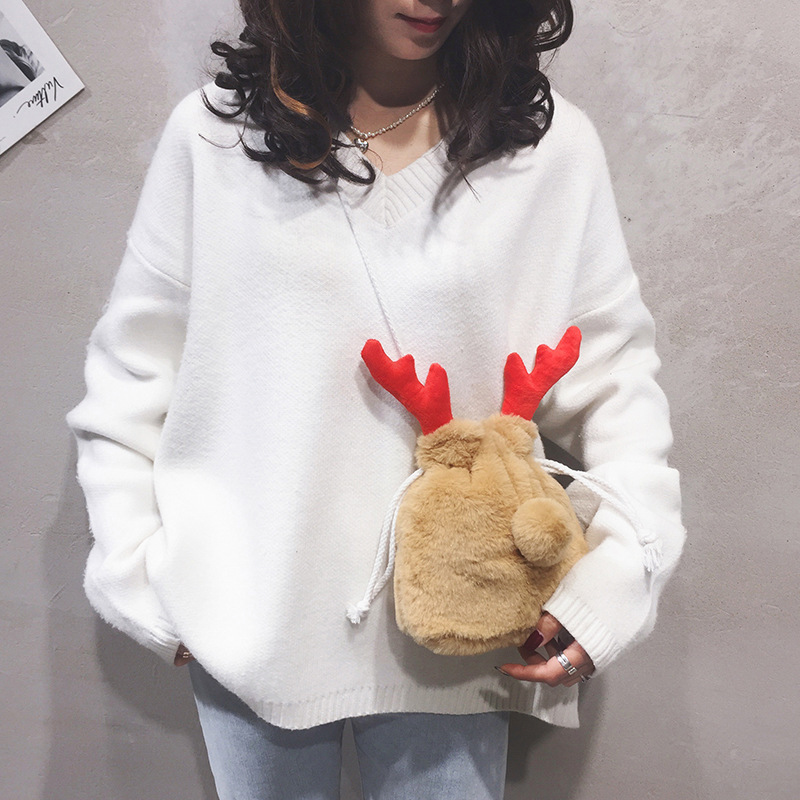 Luxury Christmas Drawstring Bag Winter Fluffy Reindeer Antler Handbag