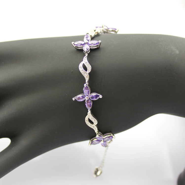 925 Silver Jewellery Quatrefoil Amethyst Cubic Zircon Tennis Bracelet (B04PURPLE)