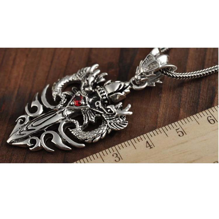 Sterling Silver Wheat Chain Necklace with Silver Vintage Double Dragon Dagger Amulet(N06030812-S)