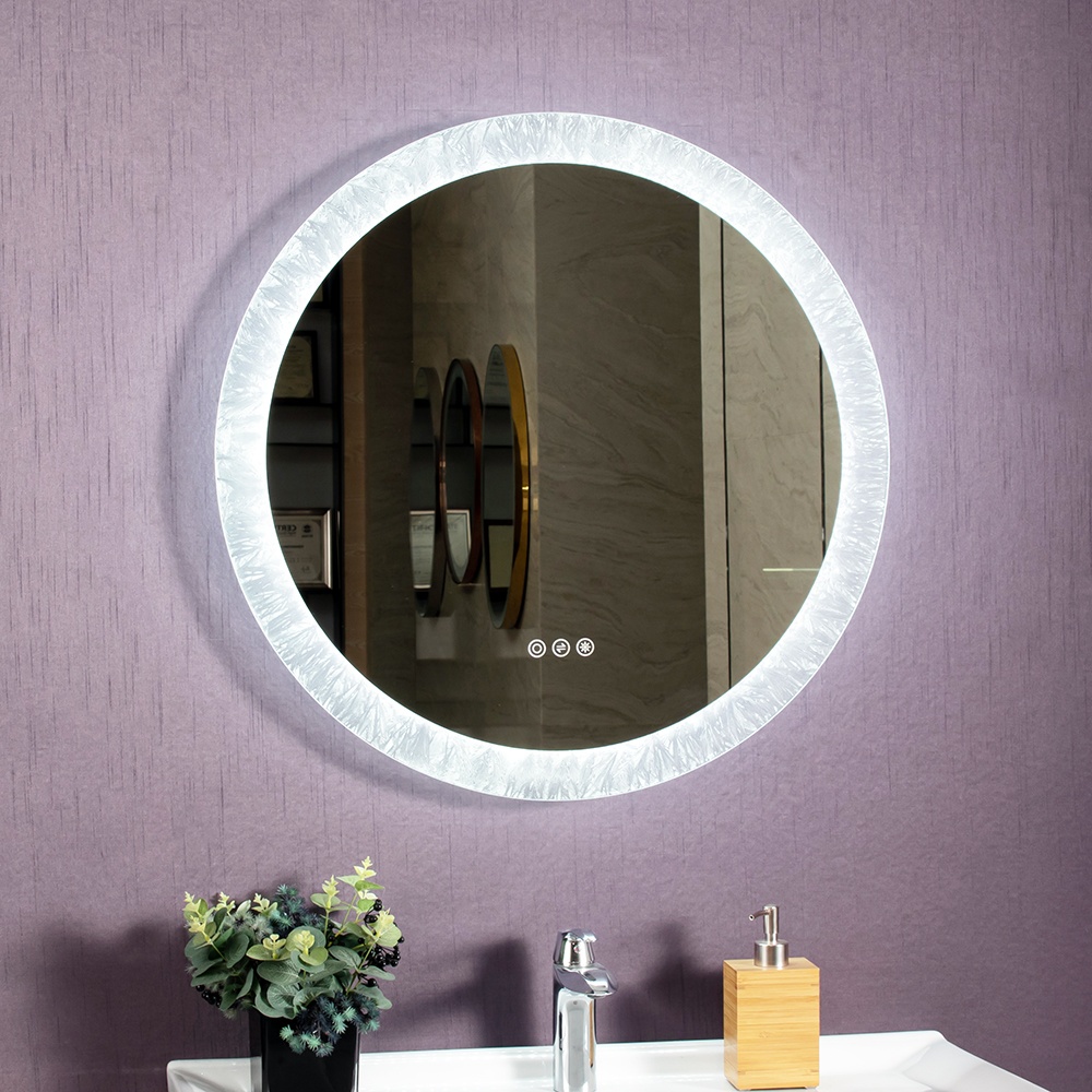 Smart Private Label Round Lighted Bathroom Mirror With Clock Ice Flower Frosted