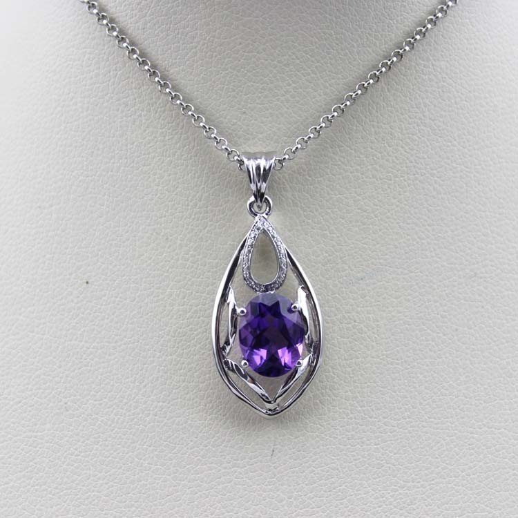 Sterling Silver Oval 7mm x 9mm Amethyst Cubic Zircon Pendant (PSJ0426)