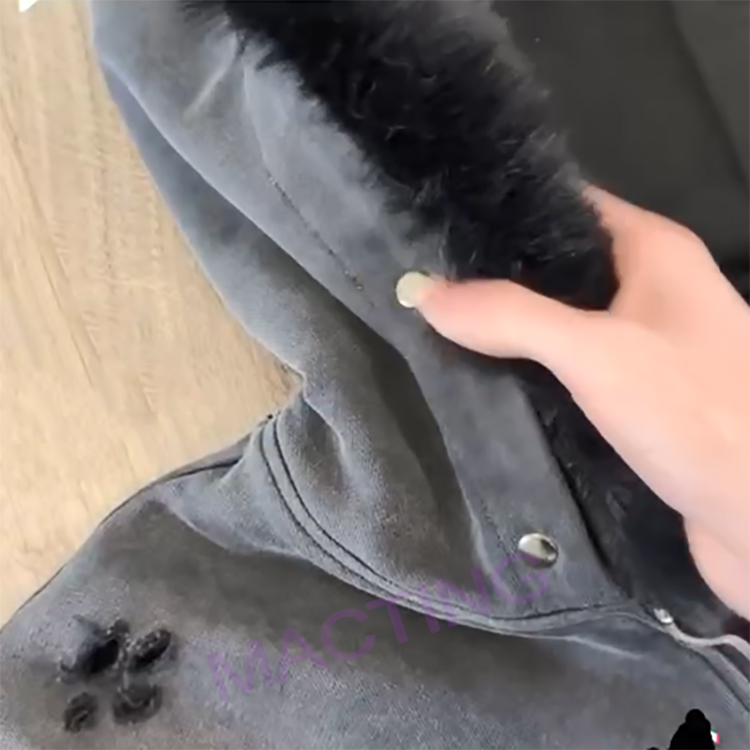 Solid Acid Wash Sun Faded Distressed Custom Full Zip Up Hoodies Coat with Fur Collar