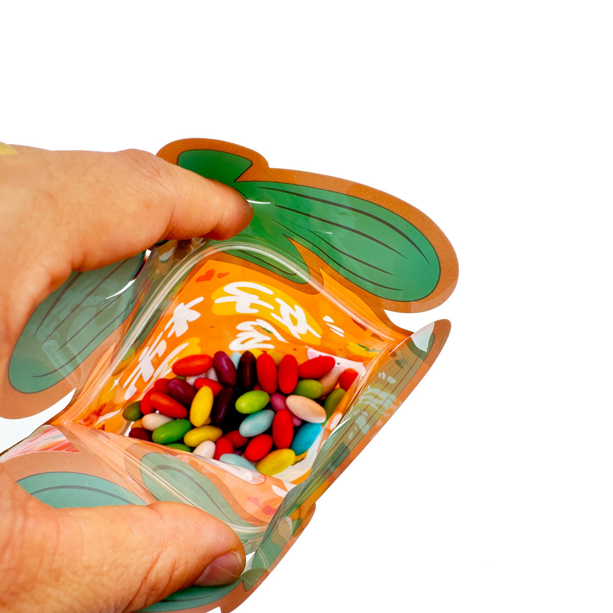 Persimmon Shape Orange Color Eco Friendly Stand Up Pouches Zipper Top Bags With Clear Window For Food
