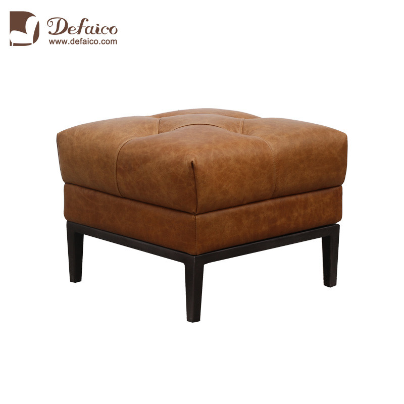 Vintage H49cm Wood Leather Ottoman Footstool For Living Room
