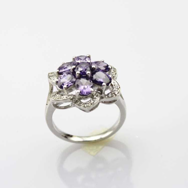 Whtie Gold Plated 925 Silver Red Cubic Zircon Flower Gemstone Ring (R223)