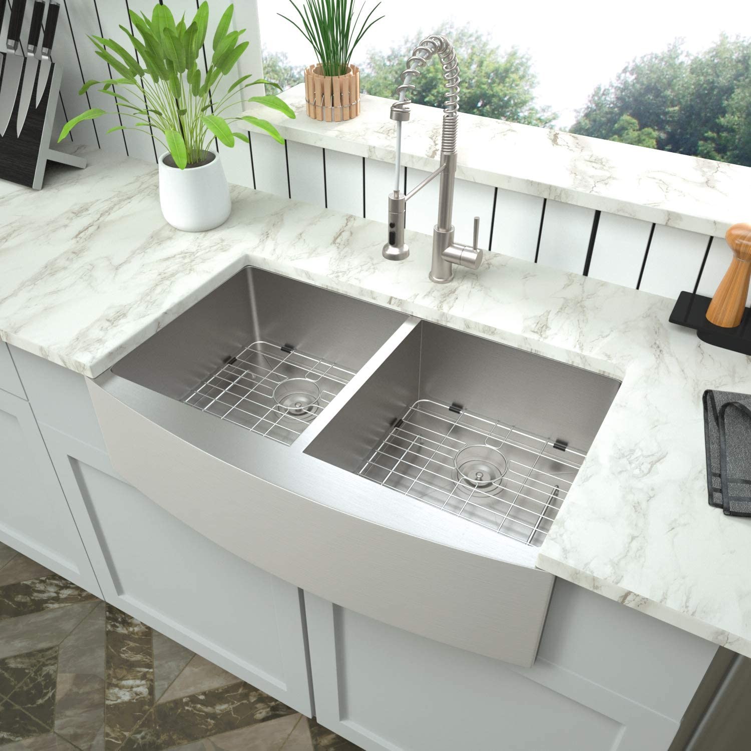Stainless Steel 32'' Double Bowl Kitchen Sink 18 Gauge T304 Under Apron Mount 50/50
