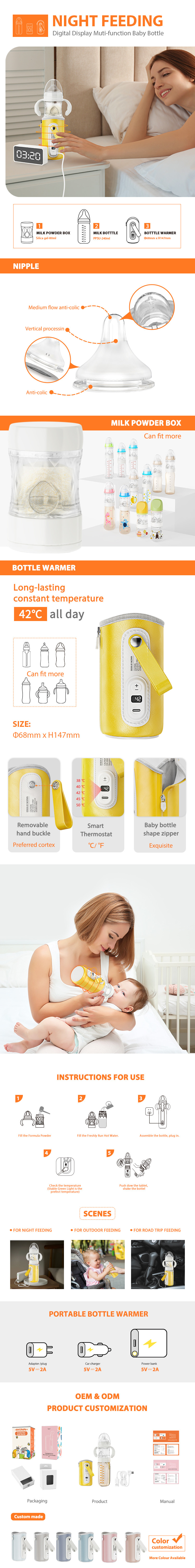 3 In 1 Travel Formula Dispenser Bottle USB Baby Milk Feeding Glass Bottle BPA Free