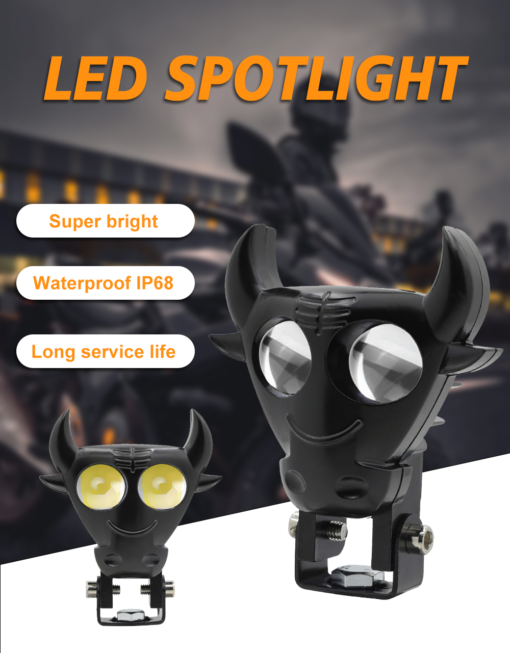 Black Bull Horn Cartoon White Yellow Motorbike Spotlight LED Lamp Accessories
