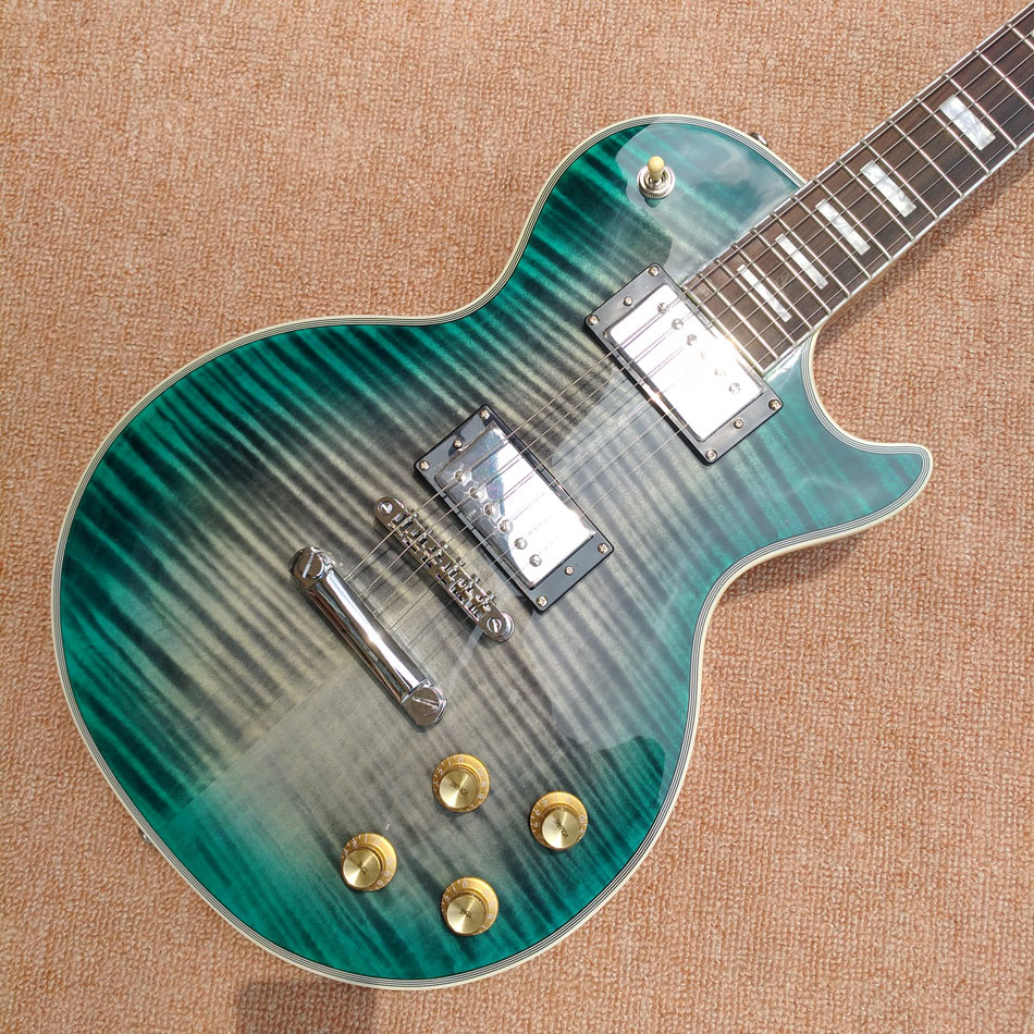 New style high-quality custom LP electric guitar, Green&blue Flame Maple Top Rosewood fingerboard electric guitar, free
