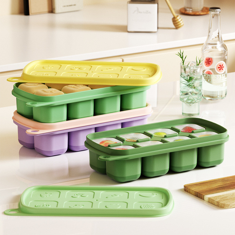 Ice Cube Tray With Lid And Bin, 4 Pack Silicone Plastic Ice Cubes Trays For Freezer With Box/Container, Stackable With Storage Iced Bucket Kits, Scoop