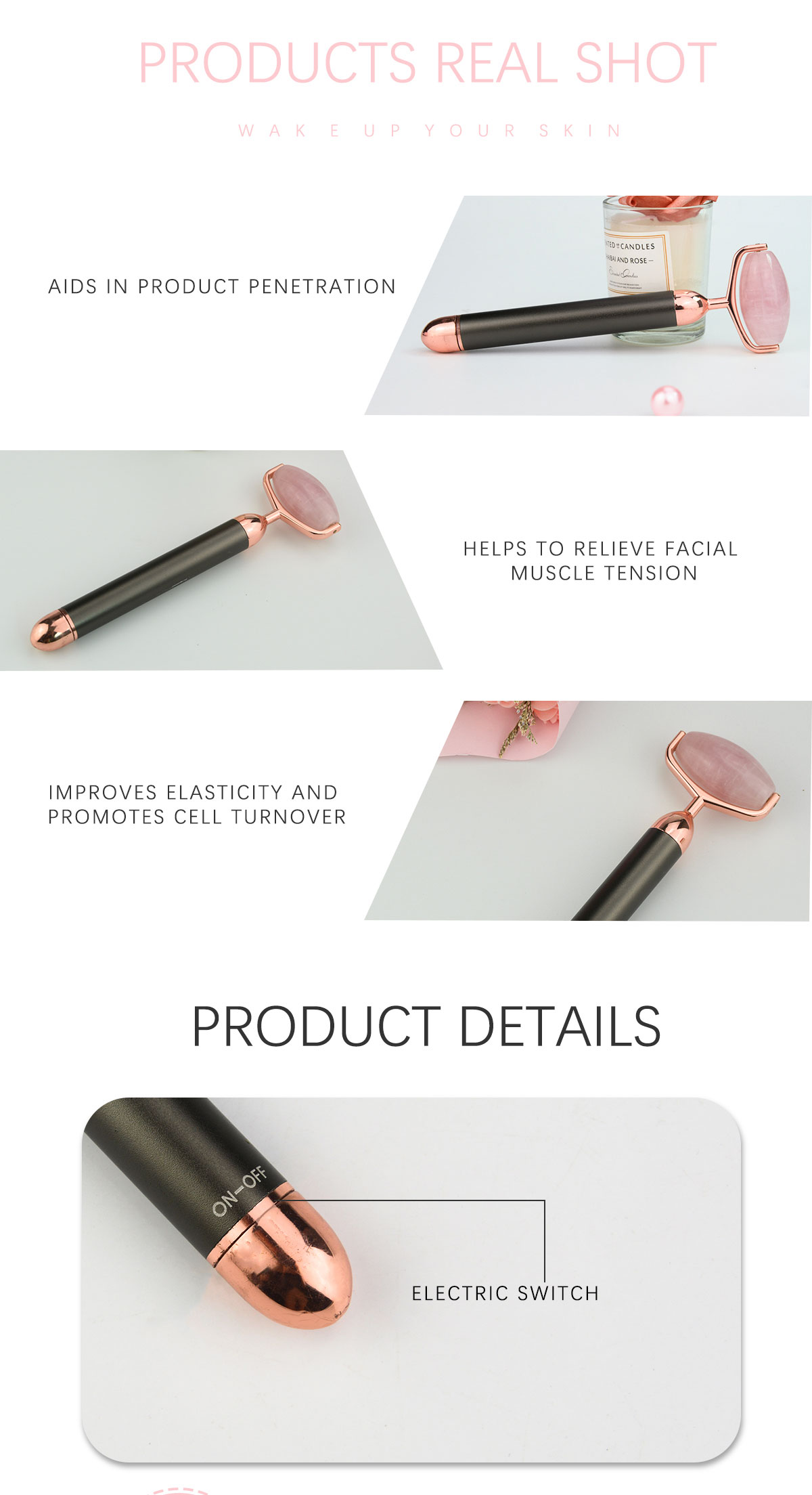 47mm Mini Waterproof Natural Face Jade Rollers Electric Vibration