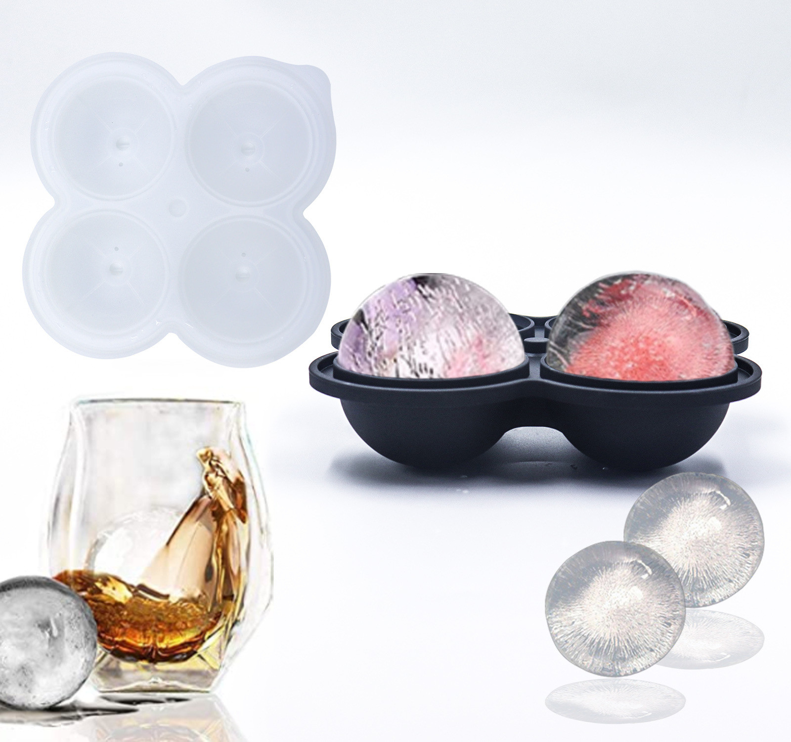 Ice Cube Tray, 2.5inch Ice Cube Molds, 2 Cavity Silicone Rose & 2 Diamond Ice Ball Maker, Easy Release Large Ice Cube Form For Chilling Cocktails,