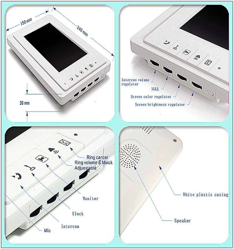 Popular 1v3 7 inch color FTF-LCD screen and CMOS camera intercom system with night view video door phone for villa