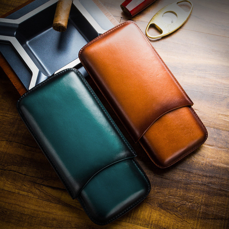Custom Genuine Leather Cigar Case Vintage Veg Tanned Holder Bag Box Travel Cigar Humidor