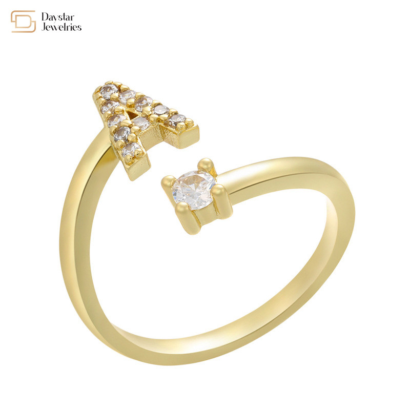 Open Adjustable 18k Gold Plated Diamond Letter Rings Zircon A-Z Alphabet Statement