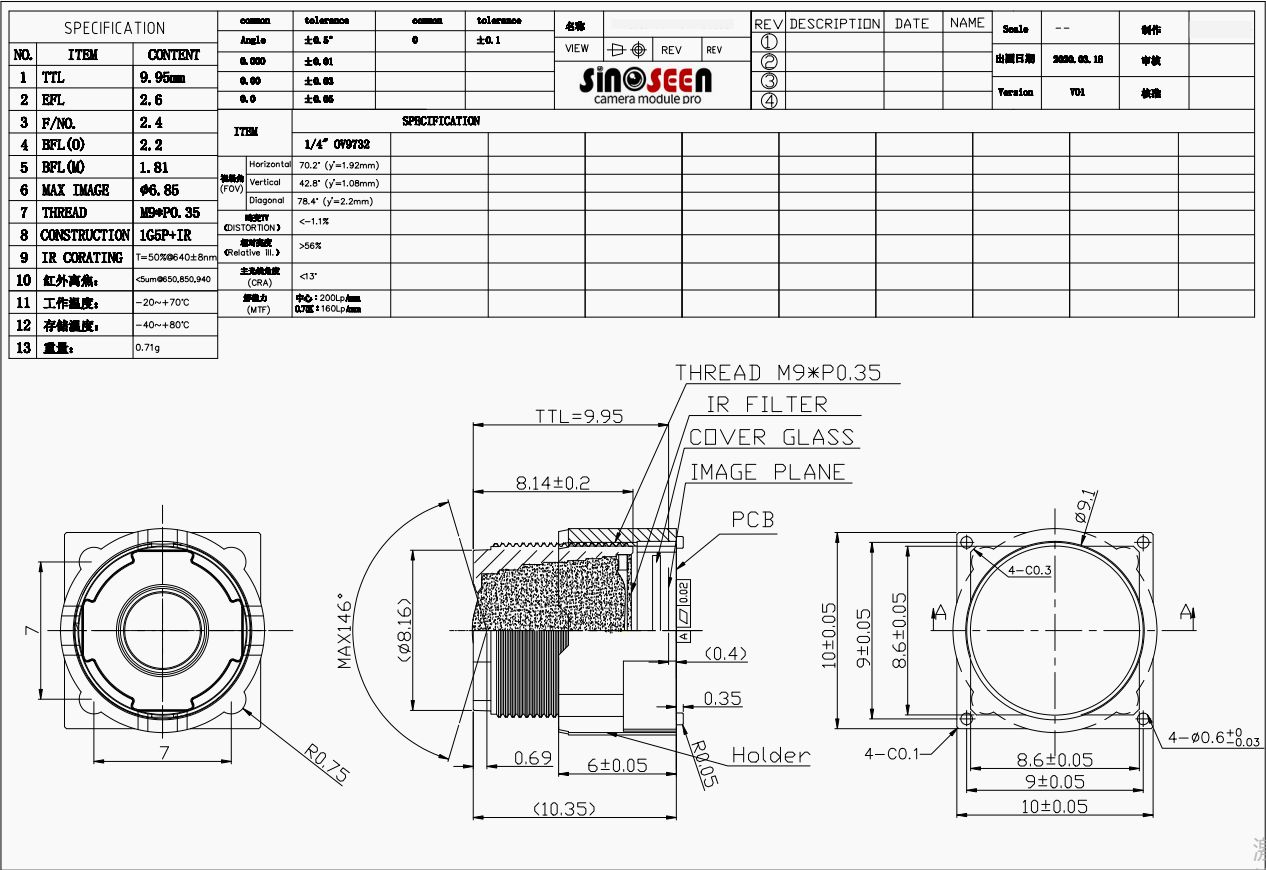 M9 Mount F2.4 Camera Module Lens 2.6mm Suitable For OV9732 Sensor