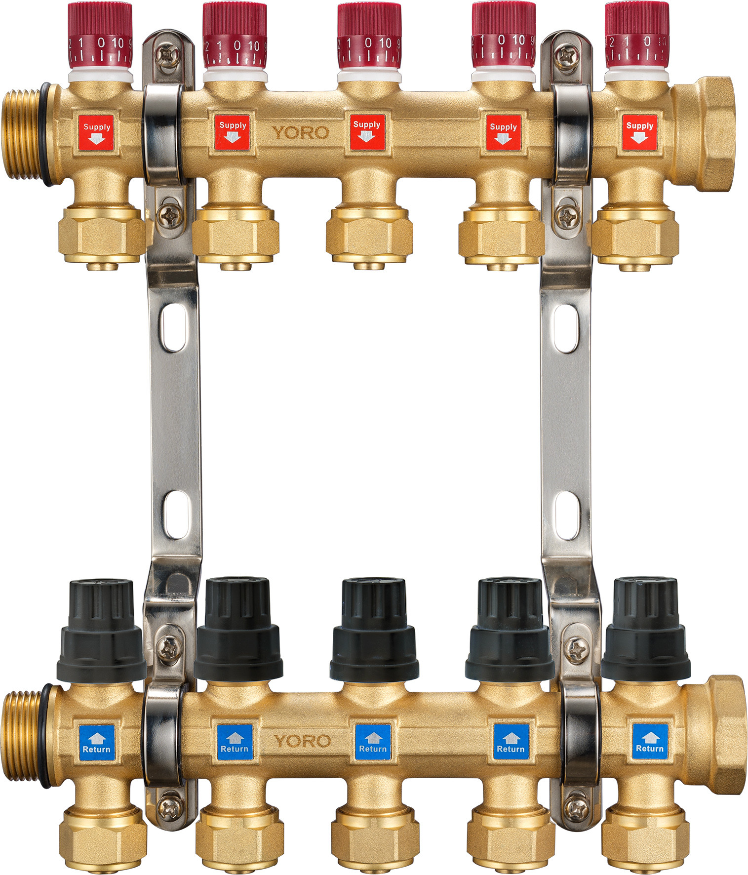 6212 Hot Forged Brass Water Distribution Manifolds from 2 to 8 Branches with External Flowrate Tuners for branch supply
