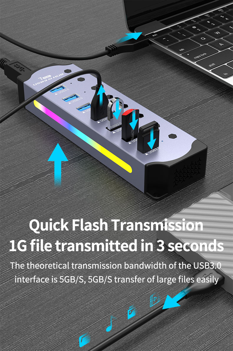 Customized Logo Accepted Speed USB 3.0 Hub with 7 Ports and Aluminum Alloy Design