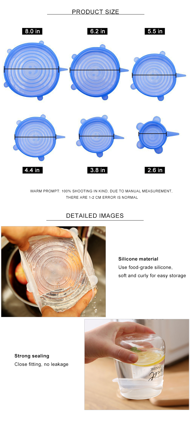 Silicone Stretch Lids Reusable Durable and Flexible Expandable Seal Cover Set to Fit 6 Various Sizes Shape of Containers
