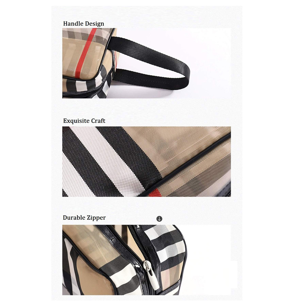 Travel Khaki PVC Stripe Mesh Makeup Bag For Women