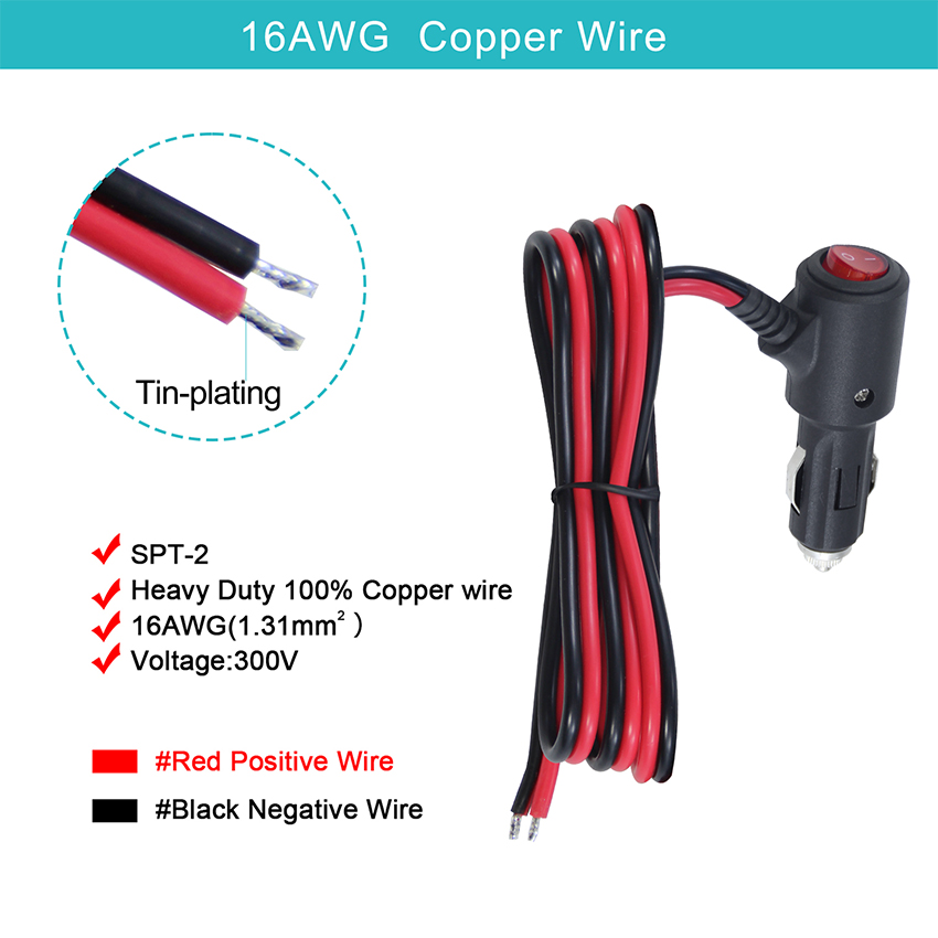 ON OFF Switch Angle Cigarette Lighter Male Plug Car Charger Solar Power Cable 18AWG 16AWG
