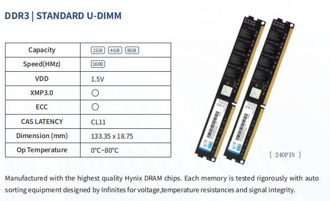 DDR3 240pin 8GB 1600MHz Udimm PC-12800 1.35V Non Ecc Gen 3 Memory Consumer Garde Memory Module