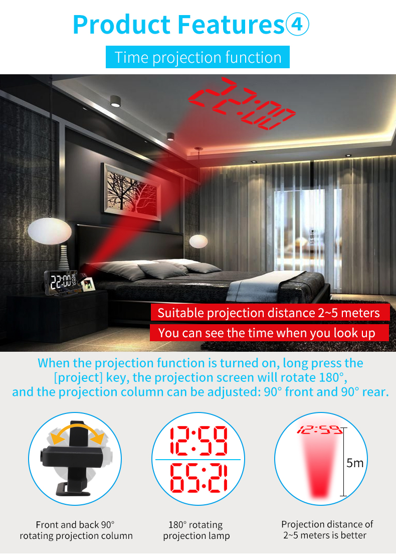 LED Digital Temp And Humidity Meter With Radio And Digital Projection Alarm Clock Black And Silver