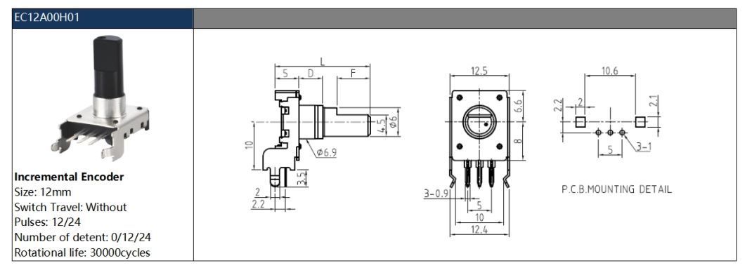 Ec12 Incremental Encoder with Rotary Plastic Handle Vertical Pin Thin Base