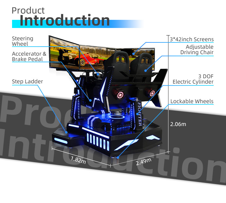 2 Players Three Screen Racing Simulator Adjustable Driving Game Steering Wheel Simulator