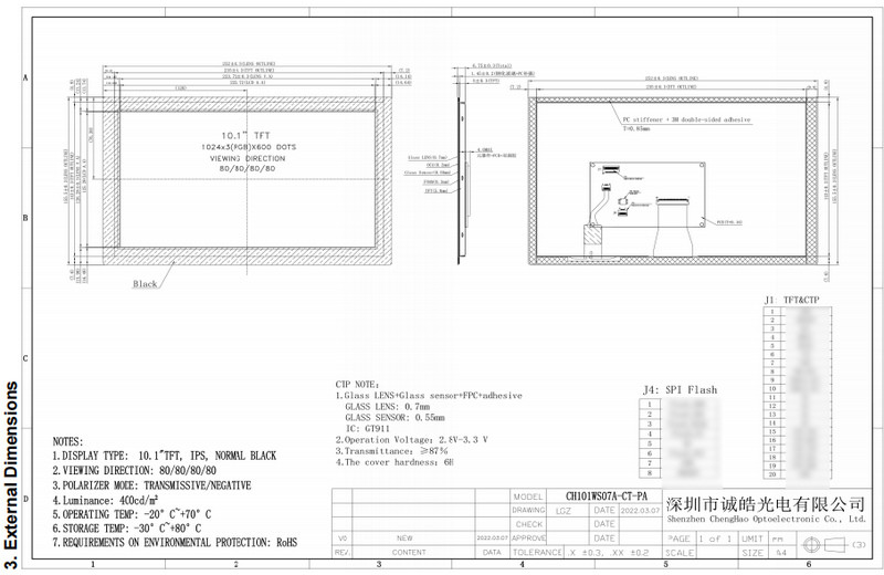 10.1 Inch Full Viewing Angle Color Touch LCD Display 1024x600 Resolution