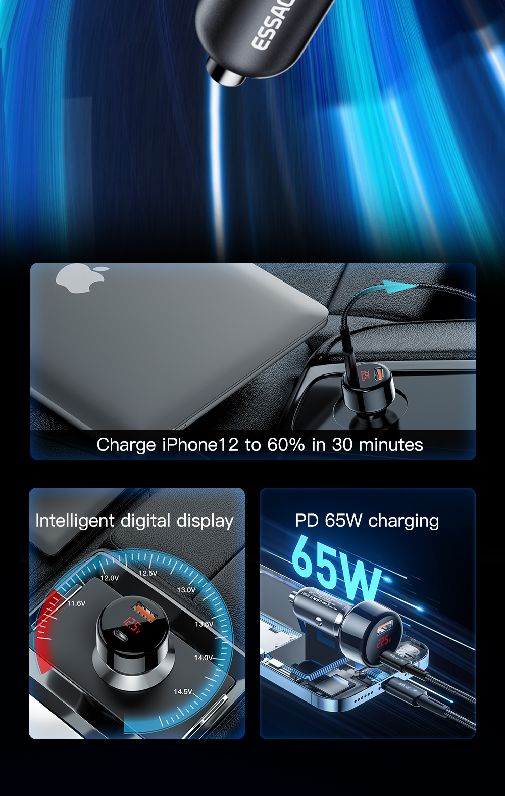Torch Intelligent Digital Display Car Chargers USB A Type C PD QC 3.0 65W Fast Car Charging