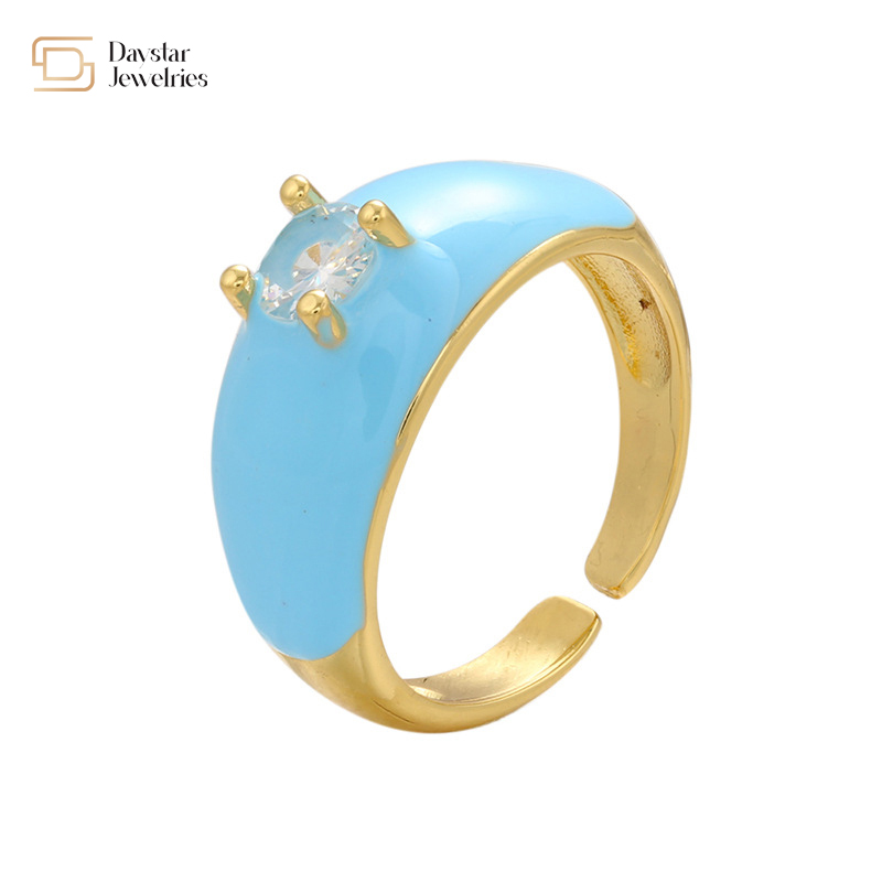 Colorful Summer Diamond Enamel Rings Gold Plated Adjustable Opening Zircon Chunky